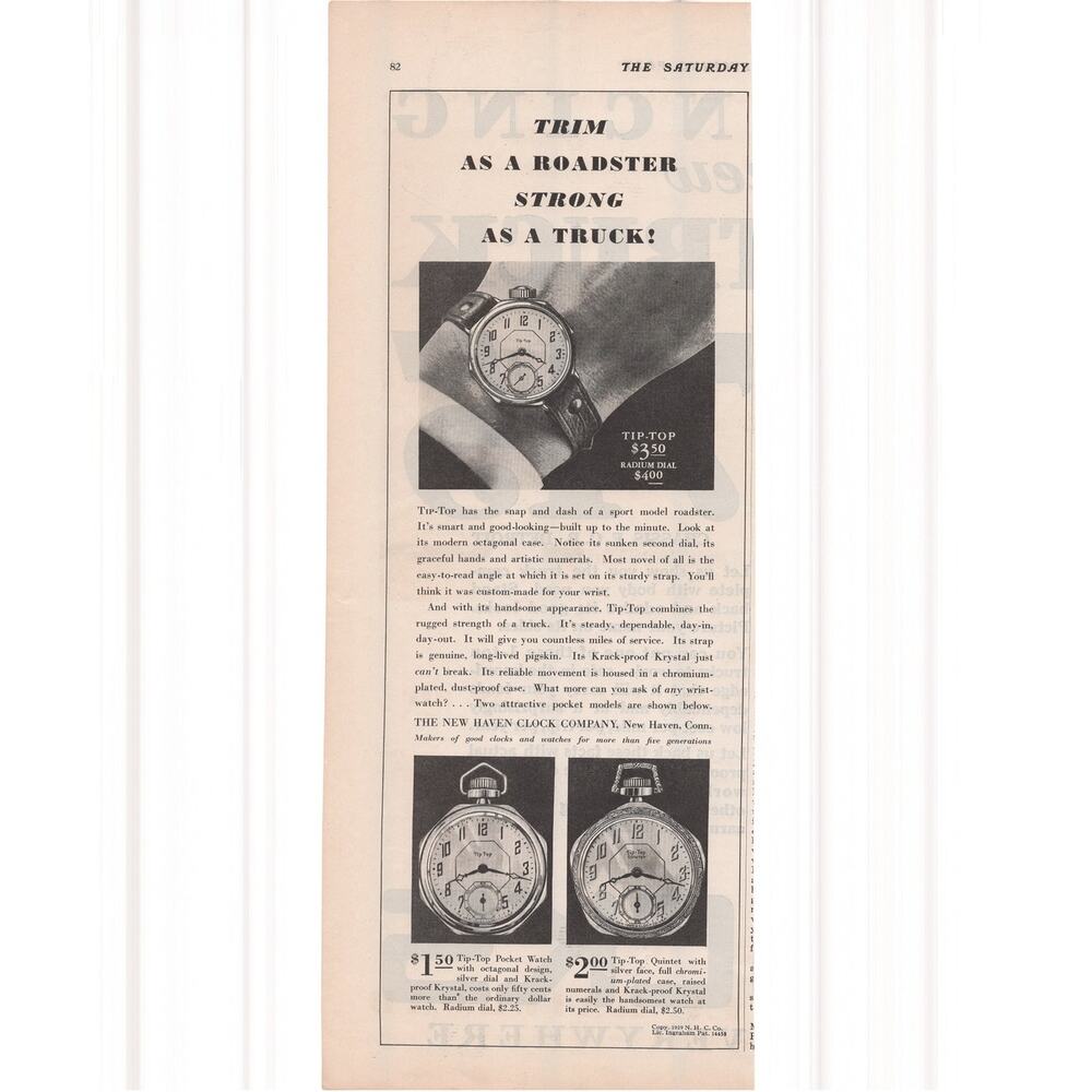 New Haven Watch Magazine Advertisement 1929 Vtg Pocket Watch Tip Top Wristwatch